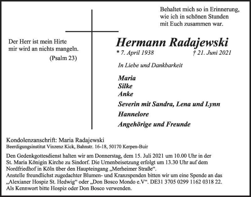  Traueranzeige für Hermann Radajewski vom 09.07.2021 aus  Werbepost 