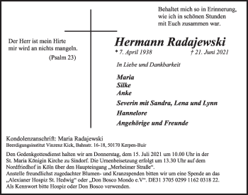 Anzeige von Hermann Radajewski von  Werbepost 