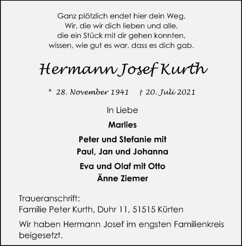  Traueranzeige für Hermann Josef Kurth vom 31.07.2021 aus Kölner Stadt-Anzeiger / Kölnische Rundschau / Express