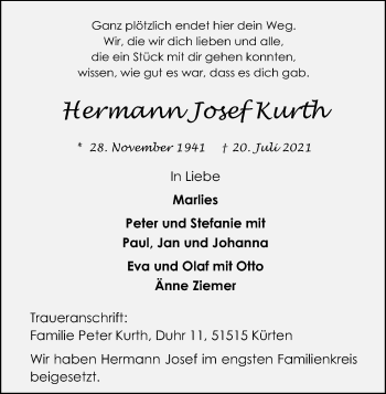 Anzeige von Hermann Josef Kurth von Kölner Stadt-Anzeiger / Kölnische Rundschau / Express