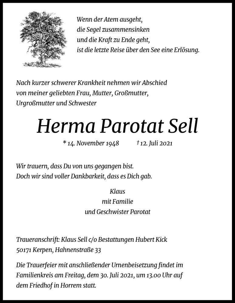  Traueranzeige für Herma Parotat Sell vom 24.07.2021 aus Kölner Stadt-Anzeiger / Kölnische Rundschau / Express