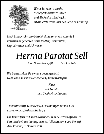 Anzeige von Herma Parotat Sell von Kölner Stadt-Anzeiger / Kölnische Rundschau / Express