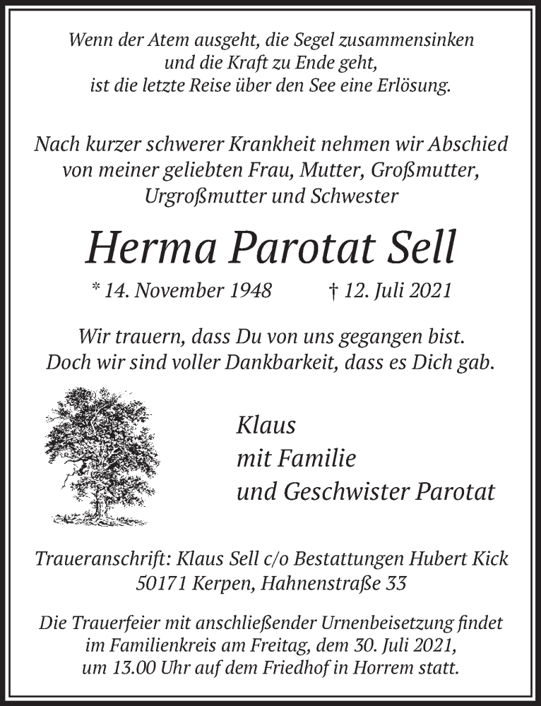  Traueranzeige für Herma Parotat Sell vom 23.07.2021 aus  Werbepost 