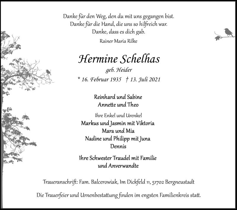  Traueranzeige für Hermine Schelhas vom 17.07.2021 aus Kölner Stadt-Anzeiger / Kölnische Rundschau / Express