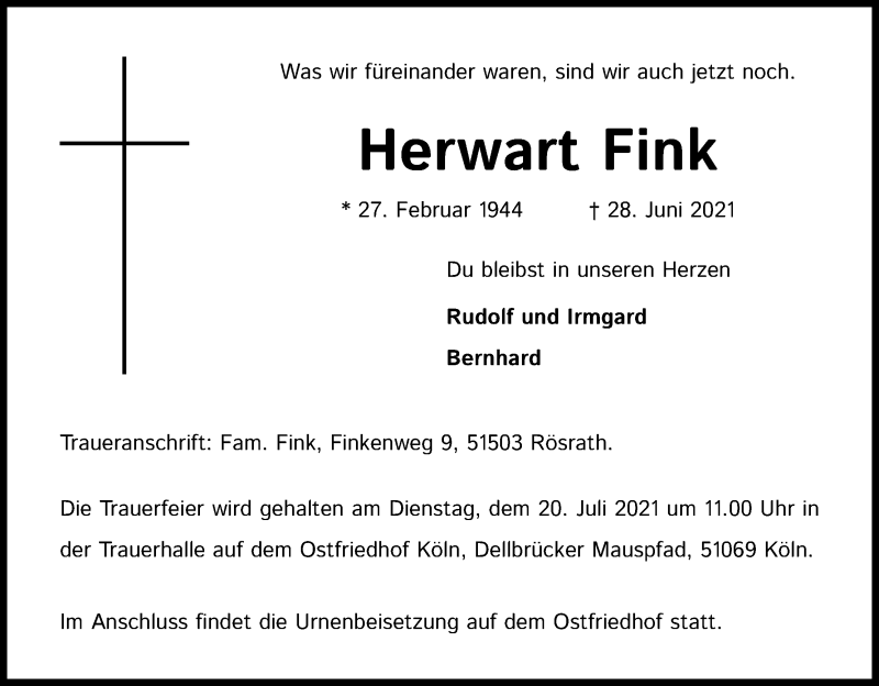  Traueranzeige für Herwart Fink vom 10.07.2021 aus Kölner Stadt-Anzeiger / Kölnische Rundschau / Express