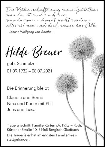 Anzeige von Hilde Breuer von Kölner Stadt-Anzeiger / Kölnische Rundschau / Express