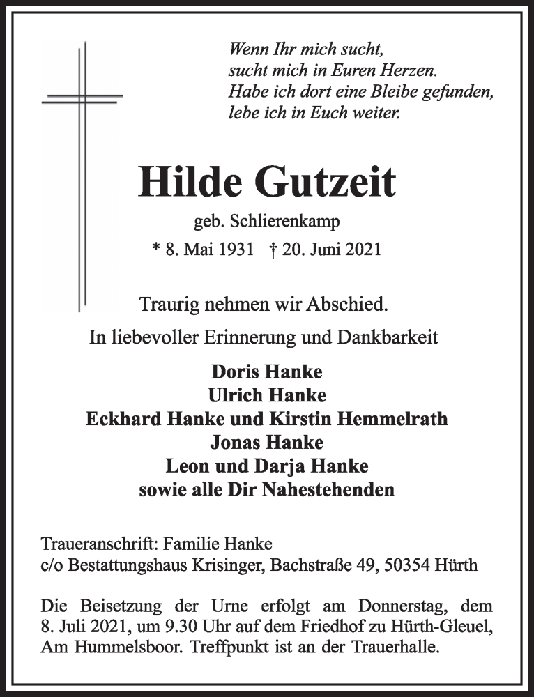 Traueranzeige für Hilde Gutzeit vom 02.07.2021 aus  Wochenende 