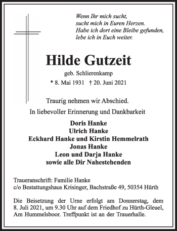 Anzeige von Hilde Gutzeit von  Wochenende 