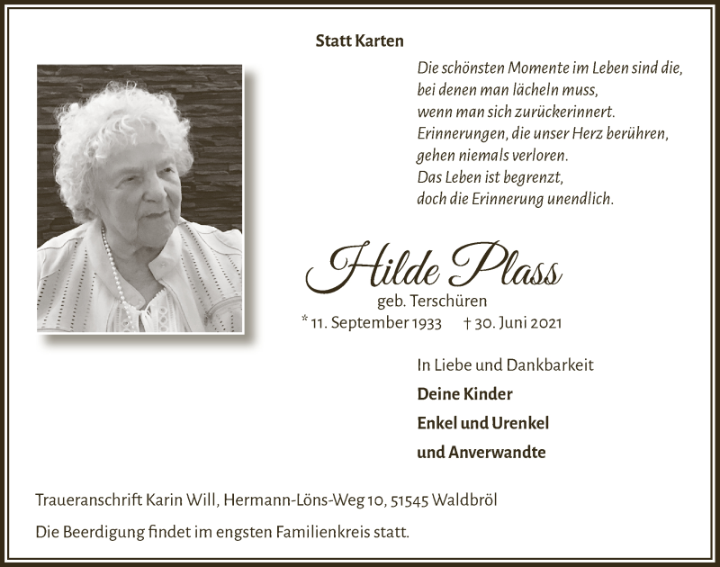  Traueranzeige für Hilde Plass vom 09.07.2021 aus  Lokalanzeiger 