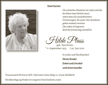Anzeige von Hilde Plass von  Lokalanzeiger 