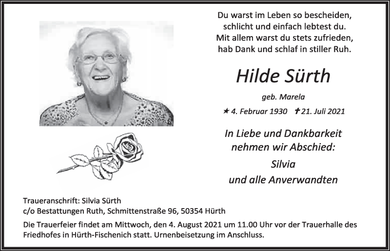  Traueranzeige für Hilde Sürth vom 30.07.2021 aus  Wochenende 