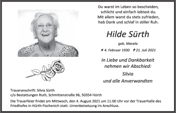 Anzeige von Hilde Sürth von  Wochenende 