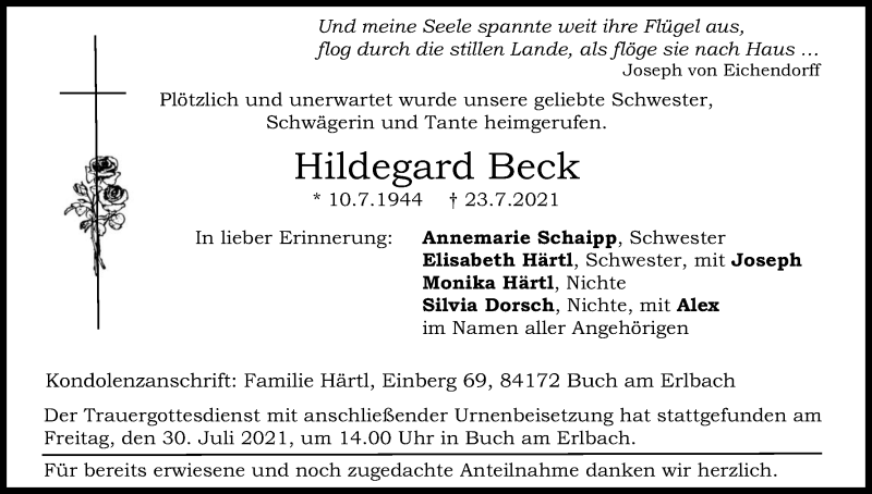  Traueranzeige für Hildegard Beck vom 31.07.2021 aus Kölner Stadt-Anzeiger / Kölnische Rundschau / Express
