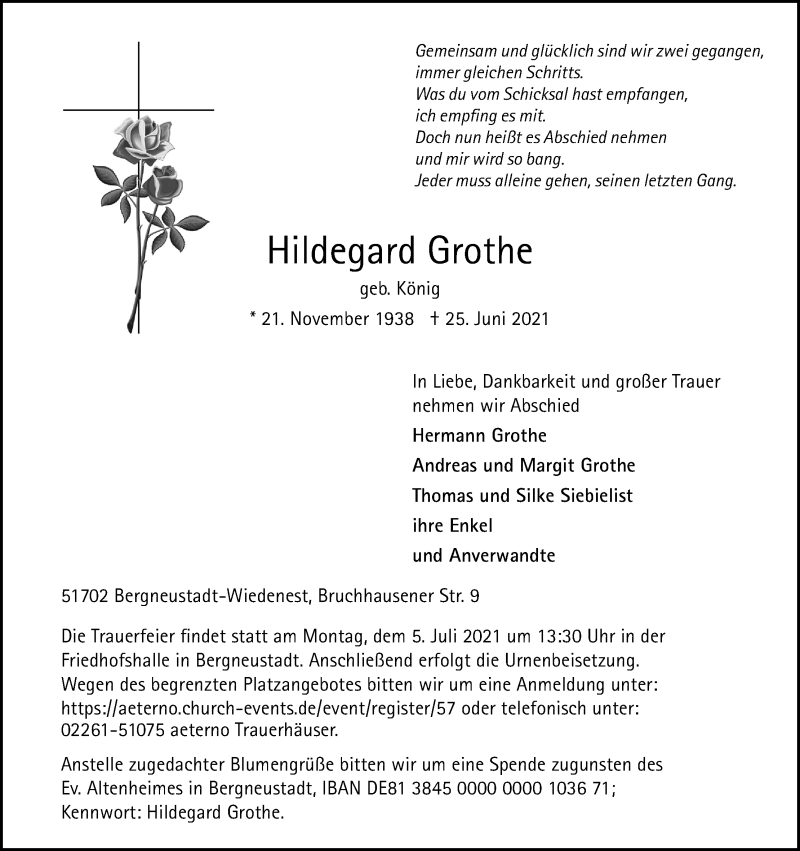  Traueranzeige für Hildegard Grothe vom 03.07.2021 aus Kölner Stadt-Anzeiger / Kölnische Rundschau / Express