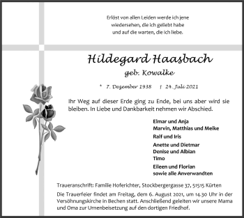 Anzeige von Hildegard Haasbach von  Bergisches Handelsblatt 