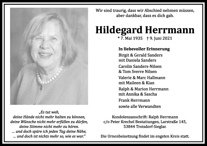  Traueranzeige für Hildegard Herrmann vom 10.07.2021 aus Kölner Stadt-Anzeiger / Kölnische Rundschau / Express