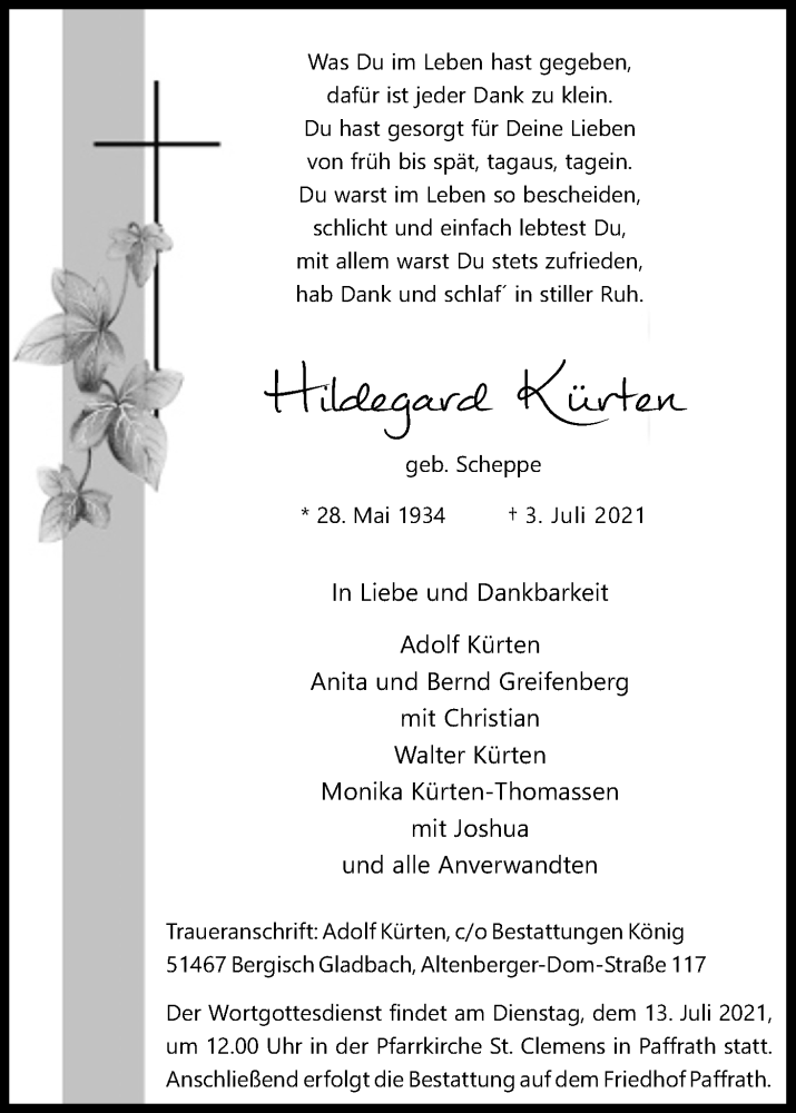  Traueranzeige für Hildegard Kürten vom 10.07.2021 aus Kölner Stadt-Anzeiger / Kölnische Rundschau / Express