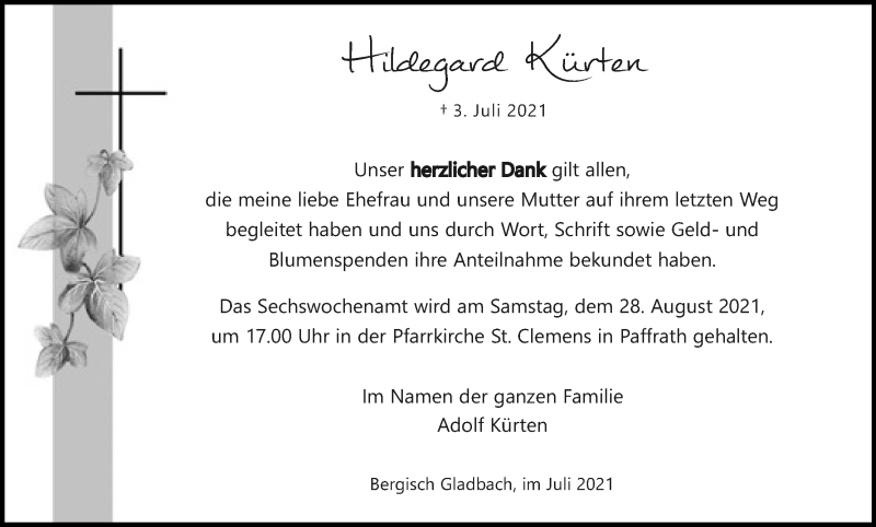  Traueranzeige für Hildegard Kürten vom 31.07.2021 aus Kölner Stadt-Anzeiger / Kölnische Rundschau / Express