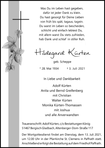 Anzeige von Hildegard Kürten von  Bergisches Handelsblatt 