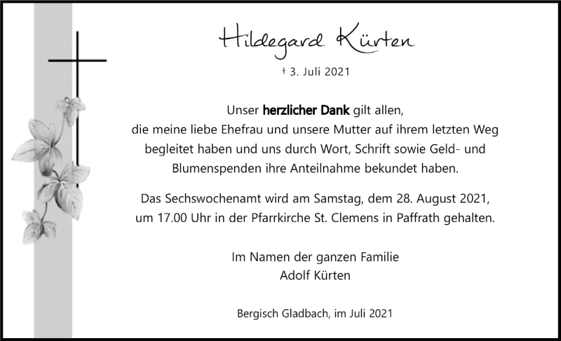  Traueranzeige für Hildegard Kürten vom 30.07.2021 aus  Bergisches Handelsblatt 