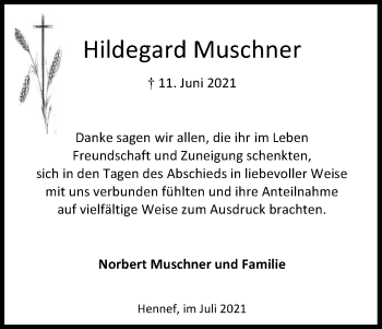 Anzeige von Hildegard Muschner von Kölner Stadt-Anzeiger / Kölnische Rundschau / Express
