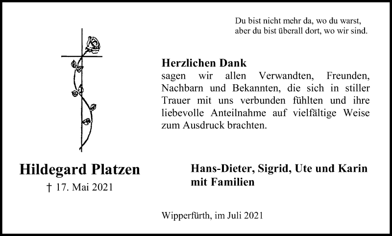  Traueranzeige für Hildegard Platzen vom 24.07.2021 aus Kölner Stadt-Anzeiger / Kölnische Rundschau / Express
