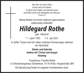 Anzeige von Hildegard Rothe von  Kölner Wochenspiegel 