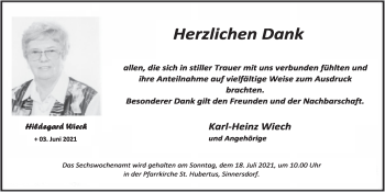 Anzeige von Hildegard Wiech von  Wochenende 