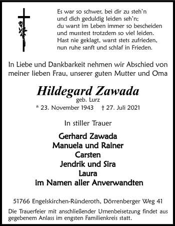 Anzeige von Hildegard Zawada von Kölner Stadt-Anzeiger / Kölnische Rundschau / Express