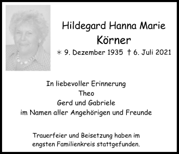Anzeige von Hildegard Hanna Marie Körner von Kölner Stadt-Anzeiger / Kölnische Rundschau / Express