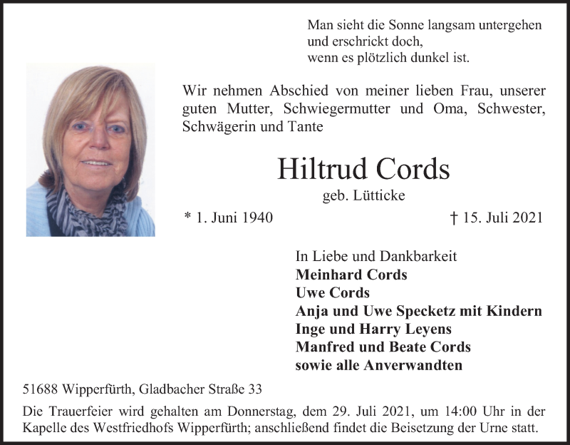  Traueranzeige für Hiltrud Cords vom 23.07.2021 aus Kölner Stadt-Anzeiger / Kölnische Rundschau / Express