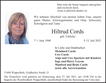 Anzeige von Hiltrud Cords von Kölner Stadt-Anzeiger / Kölnische Rundschau / Express