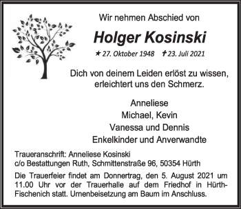 Anzeige von Holger Kosinski von  Schlossbote/Werbekurier 