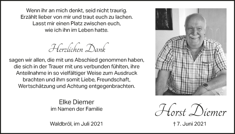  Traueranzeige für Horst Diemer vom 30.07.2021 aus  Lokalanzeiger 