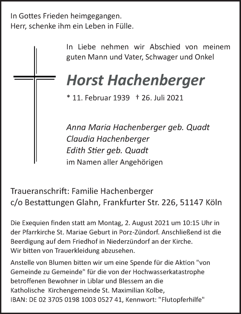  Traueranzeige für Horst Hachenberger vom 30.07.2021 aus  Kölner Wochenspiegel 