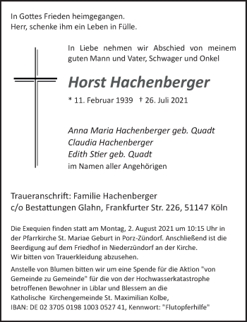 Anzeige von Horst Hachenberger von  Kölner Wochenspiegel 