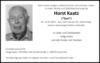 Anzeige von Horst Kaatz von Kölner Stadt-Anzeiger / Kölnische Rundschau / Express
