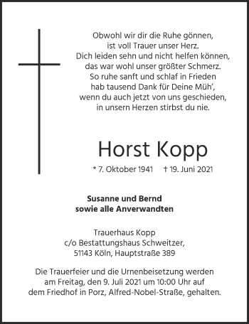 Anzeige von Horst Kopp von  Kölner Wochenspiegel 