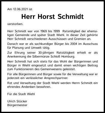 Anzeige von Horst Schmidt von Kölner Stadt-Anzeiger / Kölnische Rundschau / Express