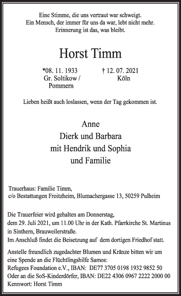  Traueranzeige für Horst Timm vom 23.07.2021 aus  Wochenende  Werbepost 