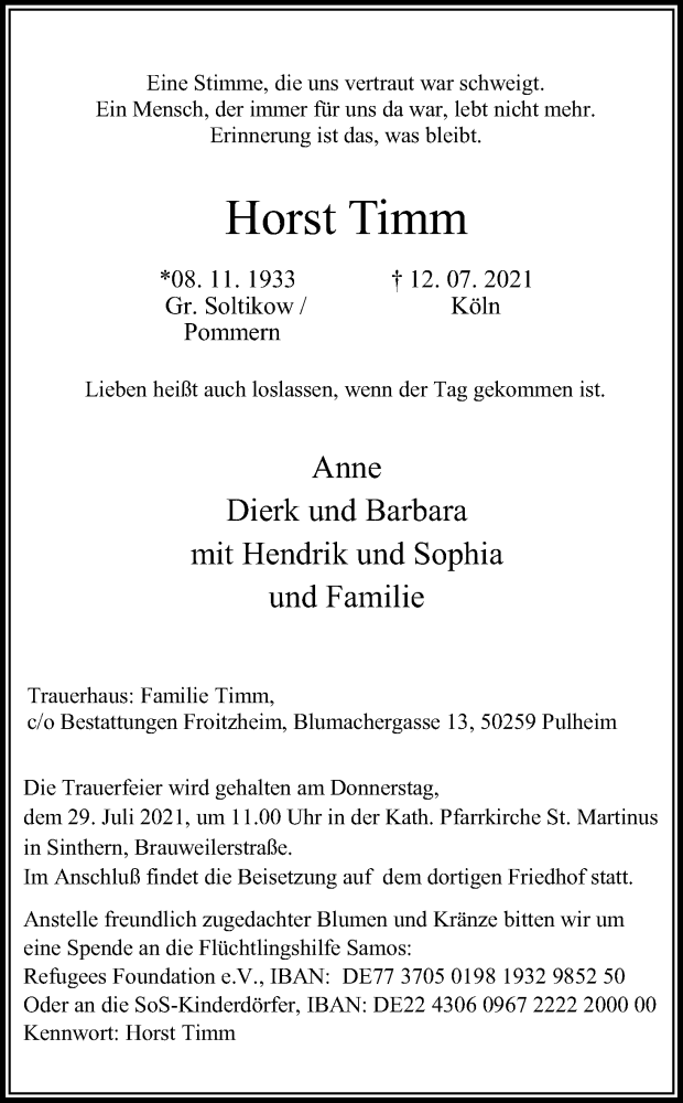  Traueranzeige für Horst Timm vom 24.07.2021 aus Kölner Stadt-Anzeiger / Kölnische Rundschau / Express