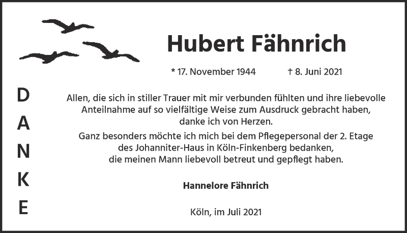 Traueranzeige für Hubert Fähnrich vom 09.07.2021 aus  Kölner Wochenspiegel 
