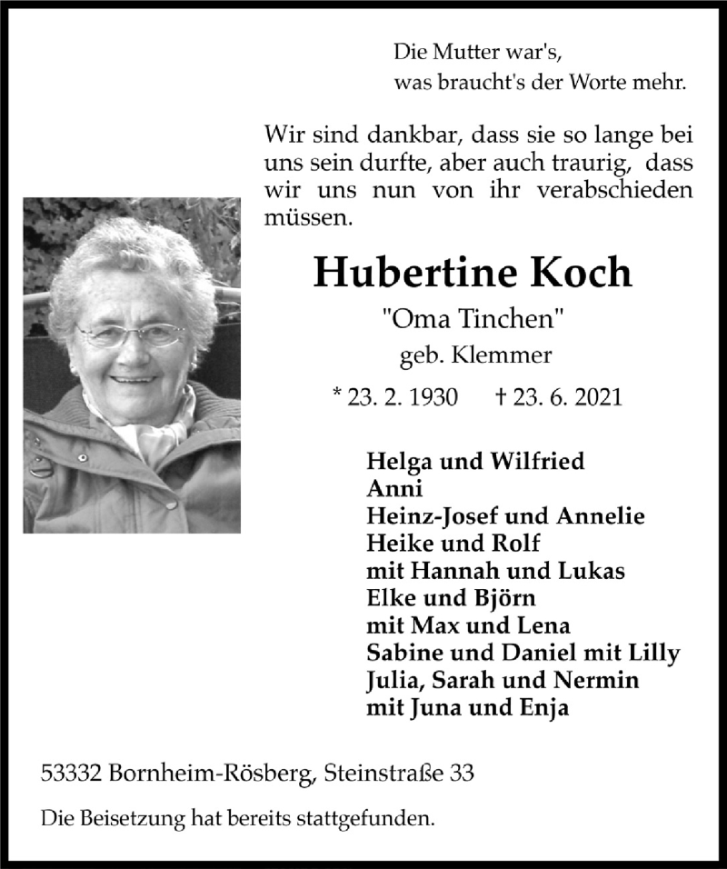  Traueranzeige für Hubertine Koch vom 02.07.2021 aus  Schaufenster/Blickpunkt 