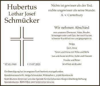 Anzeige von Hubertus Lothar Josef Schmücker von  Lokalanzeiger 