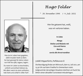Anzeige von Hugo Felder von Kölner Stadt-Anzeiger / Kölnische Rundschau / Express