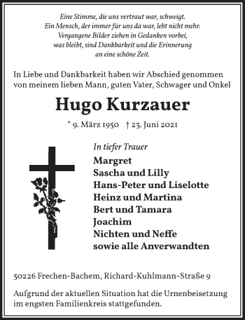 Anzeige von Hugo Kurzauer von  Wochenende 