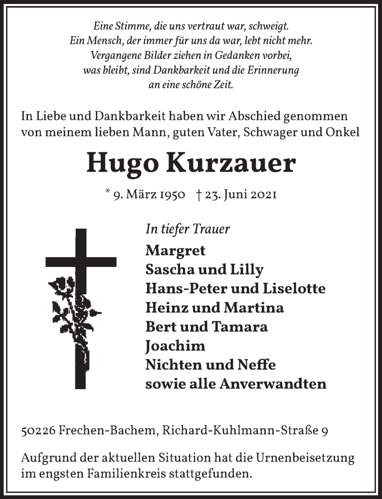  Traueranzeige für Hugo Kurzauer vom 09.07.2021 aus  Wochenende 