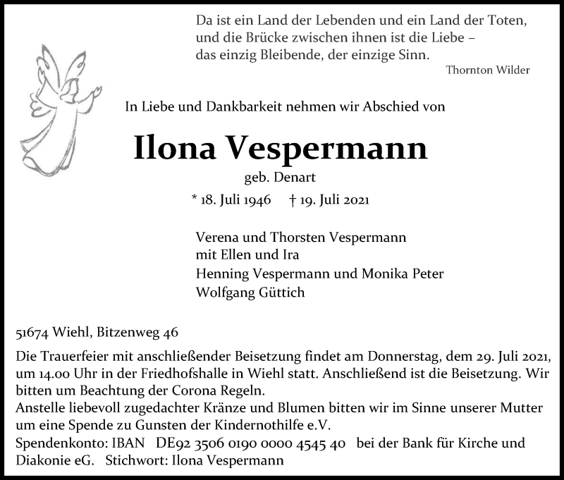  Traueranzeige für Ilona Vespermann vom 24.07.2021 aus Kölner Stadt-Anzeiger / Kölnische Rundschau / Express