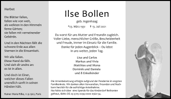 Anzeige von Ilse Bollen von Kölner Stadt-Anzeiger / Kölnische Rundschau / Express