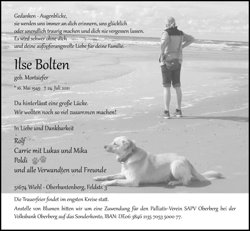  Traueranzeige für Ilse Bolten vom 28.07.2021 aus Kölner Stadt-Anzeiger / Kölnische Rundschau / Express